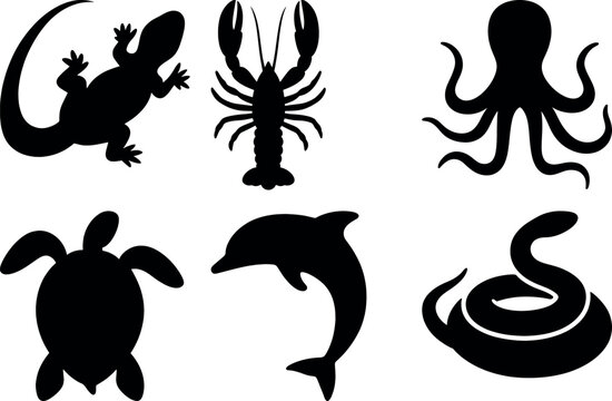 Marine and reptile silhouettes including octopus, dolphin, sea turtle, lobster, lizard, and coiled snake in black vector.