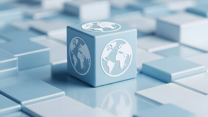 Blue cube with different earth globe angle icons.