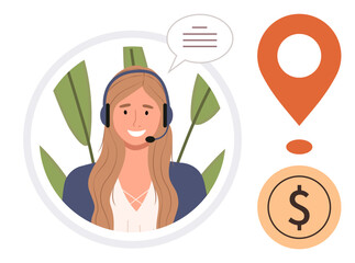 Smiling woman wearing headset near leaves with chat bubble, dollar sign, and map pin icons. Ideal for support, communication, service, navigation, finance, assistance simple flat metaphor