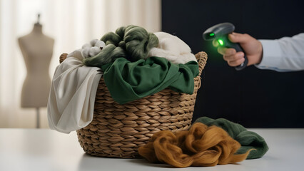 Hand holding a barcode scanner scanning a basket of fabrics.