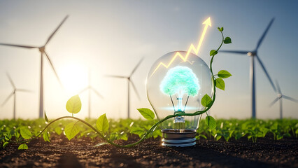 Lightbulb in soil containing a tree and glowing rising arrow graph with wind turbines in background.