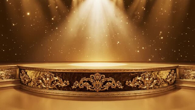 Golden stage with ornate decorations and spotlights shining down on empty platform