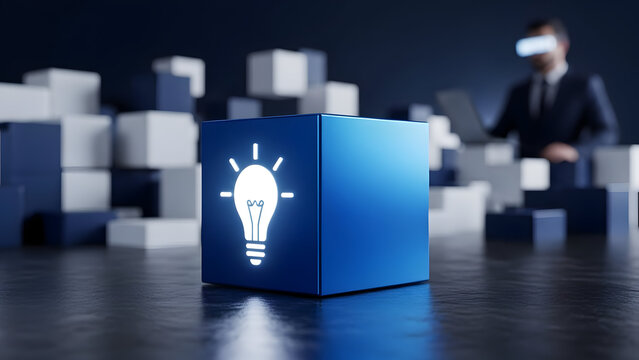 Blue cube with a glowing lightbulb icon and a blurred businessman with VR headset in background. - Powered by Adobe
