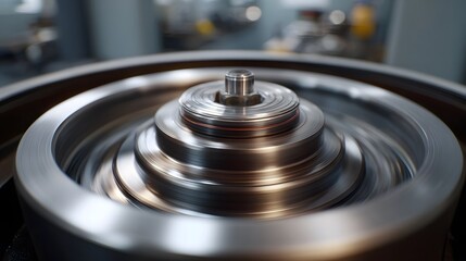 Close up of a spinning metallic rotor with layered discs and a central bolt suggesting industrial ope n or scientific research