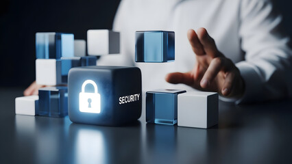 Black cube with a glowing padlock icon and security text.