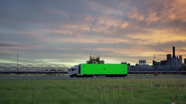 White Semi Truck Driving on Highway at Sunset with Green Screen Trailer for Advertisement Mockup