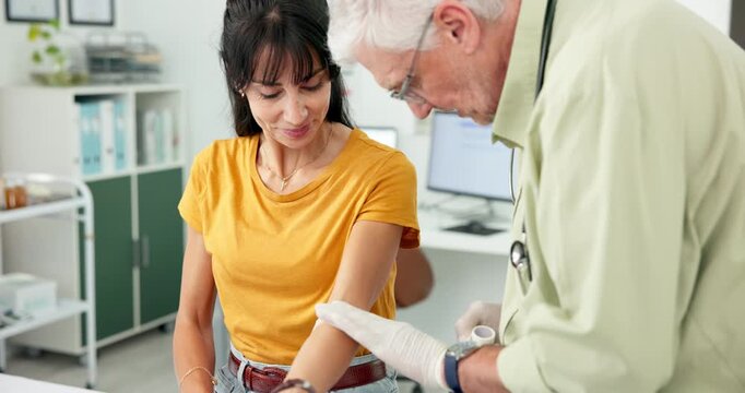 Patient, doctor and bandage for healthcare, support or conversation with appointment in office. Discussion, medical professional and injection for treatment, vaccination and mature woman in clinic
