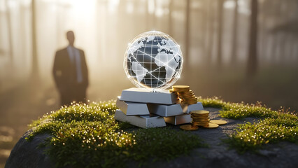 Wireframe earth globe resting on silver bars and gold coins on a mossy rock in a forest.
