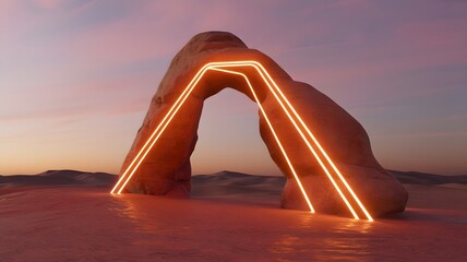 Surreal desert landscape featuring a natural rock arch illuminated by striking orange neon light trails at dusk