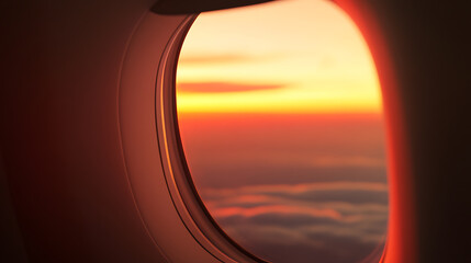 Experience the breathtaking sunset from the plane window, clouds below paint a vivid masterpiece in the sky. Hues of orange and yellow dance in the distance. Mesmerizing view!