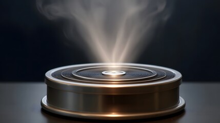 A modern metallic device with concentric rings emits a bright light and wisps of vapor upwards