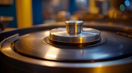 Obraz premium Close up of a spinning metallic industrial component with warm lighting suggesting motion and precision in manufacturing