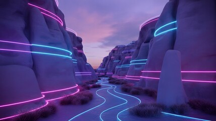 Surreal neon glowing canyon landscape featuring vibrant pink and blue light trails at dusk
