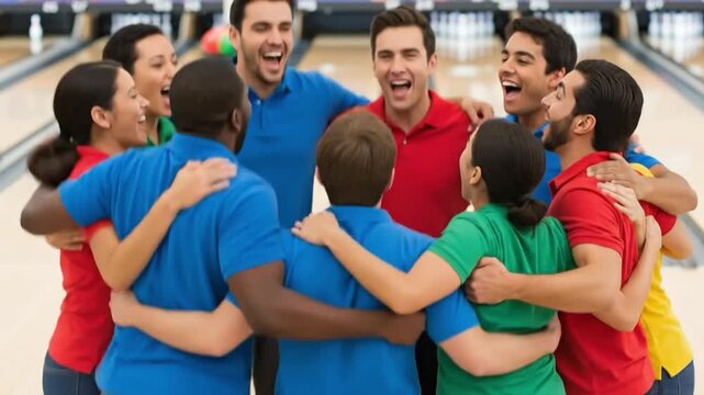 Group of Young Adults Celebrating After Bowling Game in Colorful Team Shirts
