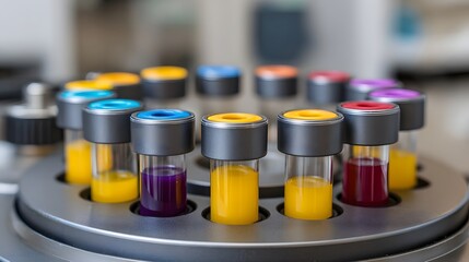 Colorful laboratory vials filled with liquid samples are arranged in a centrifuge indicating scientific research and analysis