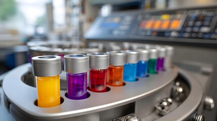 Laboratory equipment with colorful liquid samples in vials on a rotating carousel