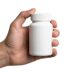 Hand holding white medicine bottle isolated on transparent background