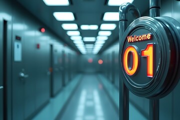 A futuristic chrome �Welcome Unit 01� sign inside a sterile sci-fi corridor.