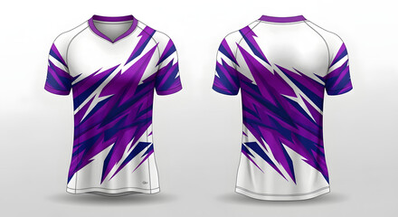 Vibrant athletic esports jersey design template featuring abstract purple lightning patterns for team apparel