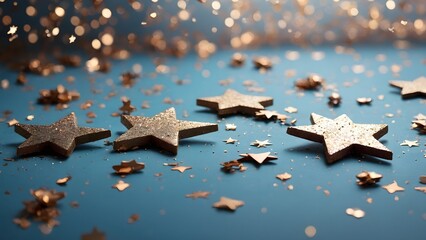 Sparkling Stars and Shiny Confetti Create a Festive Scene on a Blue Background During a Celebration Event