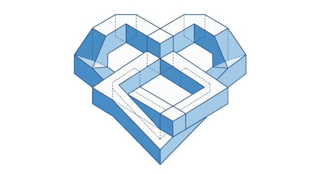Blue impossible heart shape with intertwined geometric lines creating an optical illusion. Abstract 3D paradox concept design.