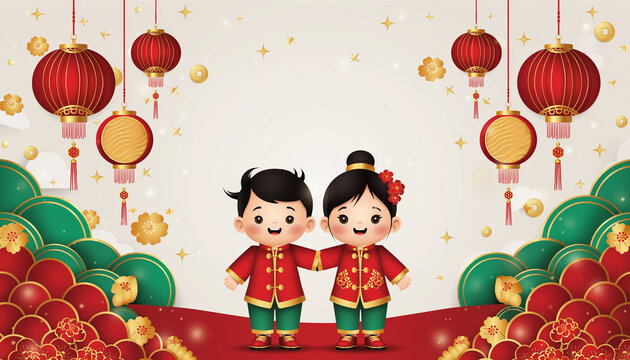 roportions. Wearing elegant traditional Chinese outfits in red and gold. Festive Imlek ornaments including hanging lanterns, gold coins, angpao envelopes, plum blossoms,and subtle sparkles. Clean smo