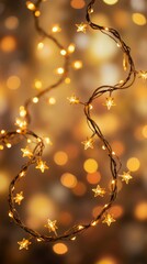 A close-up shot of delicate string lights featuring small, glowing star-shaped bulbs, creating a warm, festive, and magical atmosphere with a soft bokeh background. Generative AI.