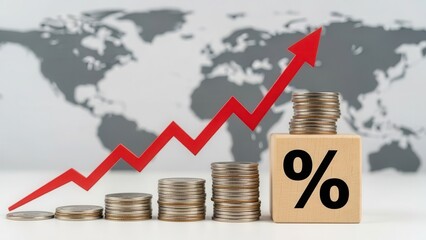 Dynamic and vibrant red arrow representing upward financial growth, constructed from stacked silver coins and positioned alongside a wooden block displaying a bold percentage sign, all set against a