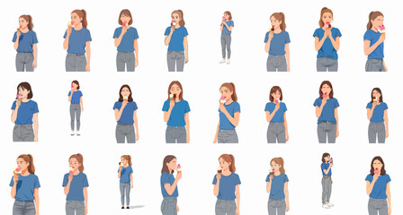 Fototapeta premium Collection of vector illustrations depicting casual young women enjoying various flavors of double scoop ice cream cones.