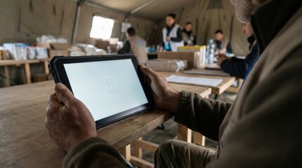 Humanitarian aid - Close-up of a digital tablet in a humanitarian setting, featuring a blank interface with minimal glow against a neutral background, emphasizing editorial realism.