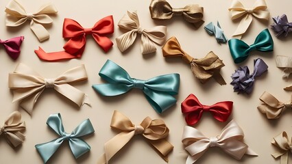 Collection of Colorful Bows Arranged on a Plain Surface for Crafting and Decoration Purposes