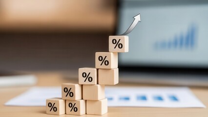 Minimalist wooden building blocks with prominent percentage symbols carefully stacked in ascending order, creating a visual metaphor for growth and positive financial trends, illuminated by soft,