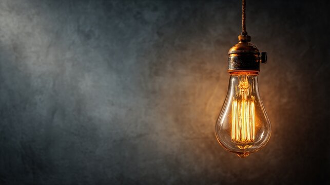 An illuminating vintage edison style light bulb glowing warmly against a dark, textured background - Powered by Adobe