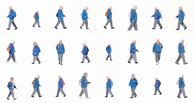 Active senior women walking animation sprites set. Vector illustrations of elderly female characters exercising or traveling with backpacks on a white background.