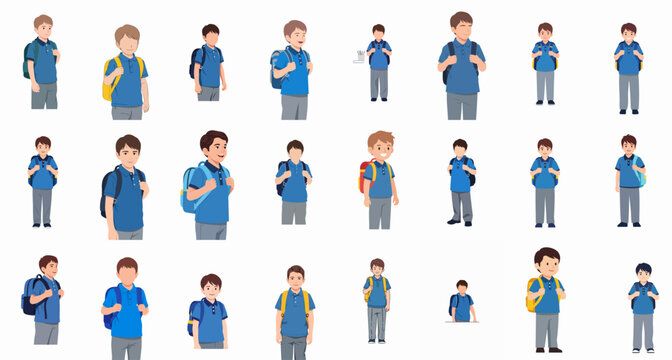 Collection of various cartoon vector illustrations featuring young elementary school boys wearing backpacks and blue uniforms, standing happily for back to school and education concepts.
