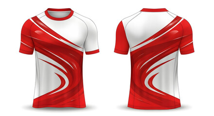 Modern athletic t-shirt design template featuring dynamic red and white abstract patterns