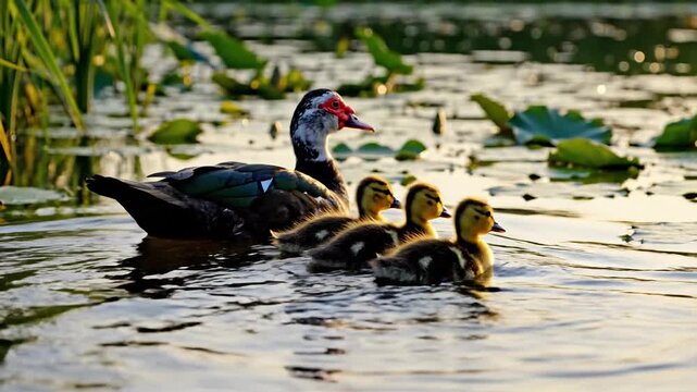 Ducklings Following single Mother duck in Line Across Pond Background
