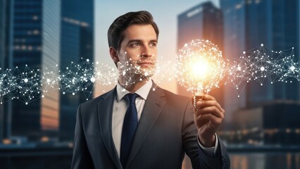 Confident and determined young businessman in a tailored grey suit thoughtfully gazes forward while holding a glowing lightbulb intricately connected to a dynamic network of white lines and nodes, set