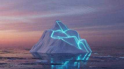 Surreal neon glowing iceberg floats in icy arctic water under a pastel sunset sky