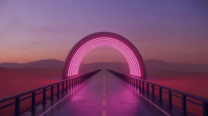 Keuken achterwand Lavendelkleur Surreal desert highway leads toward a glowing magenta neon archway at twilight  © Farhat
