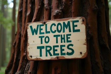 A hand-painted �Welcome to the Trees� sign nailed to a giant redwood.