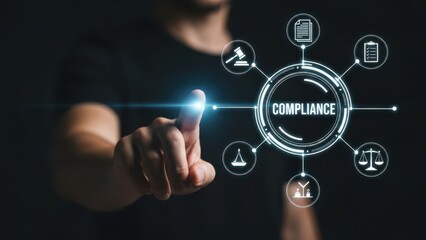 Corporate Compliance Strategy: Male hand touching digital interface with legal and document icons for regulatory management