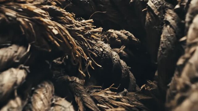 Extremely worn and compacted thick rope, showcasing a heavily frayed and tangled mass of natural fibers with intricate texture and detail