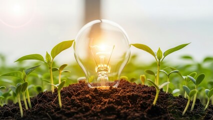 Radiant and delicate clear glass lightbulb, partially buried in rich dark soil and surrounded by vibrant, flourishing green seedlings, glows with a warm, inviting light under soft, natural sunlight,
