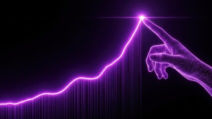 Glowing Growth Trajectory: Digital Hand Pointing at Rising Financial Spark Line for Market Success