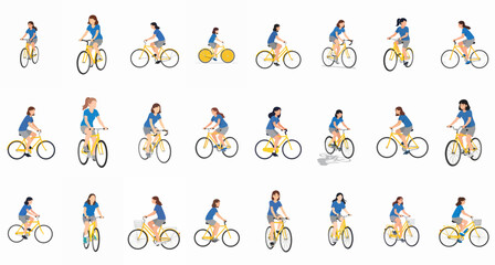 Obraz premium Collection of diverse female characters cycling on yellow bikes, illustrating activity, sport, transport, and healthy lifestyle.