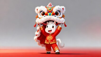 A cheerful cartoon pony dressed in a vibrant red traditional outfit performs a lively dragon dance against a soft gradient background.
