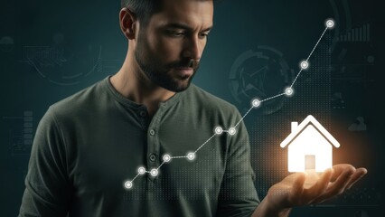 Real Estate Growth: Man Holding Glowing House Icon with Rising Financial Chart for Property Investment