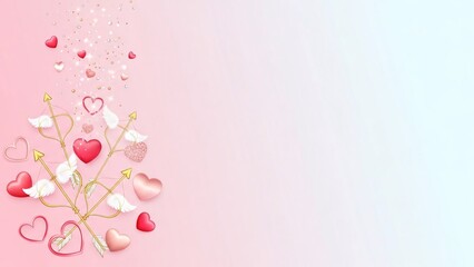 Valentine's day background with golden cupid bows and arrows with red and pink hearts and glitter
