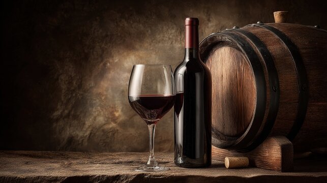 A classic still life with red wine bottle, glass, and aged wooden barrel in a rustic setting